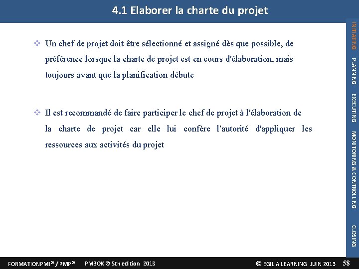 4. 1 Elaborer la charte du projet INITIATING Un chef de projet doit être