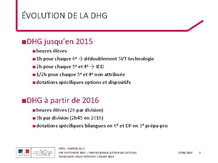 ÉVOLUTION DE LA DHG ■DHG jusqu’en 2015 ■ heures élèves ■ 1 h pour