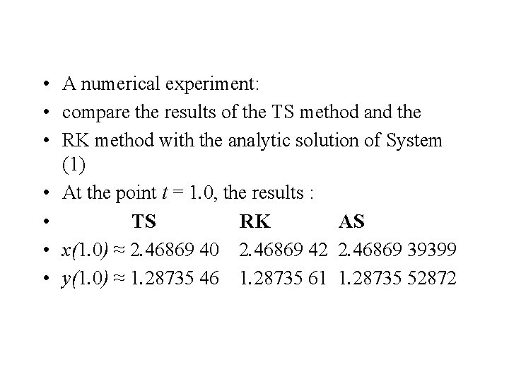  • A numerical experiment: • compare the results of the TS method and