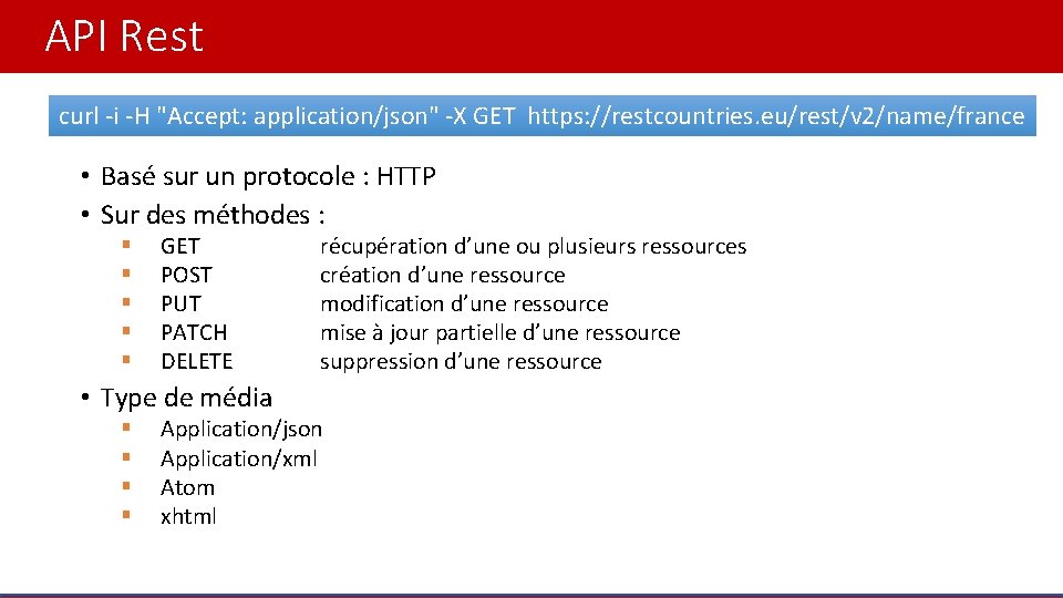 API Rest curl -i -H "Accept: application/json" -X GET https: //restcountries. eu/rest/v 2/name/france •