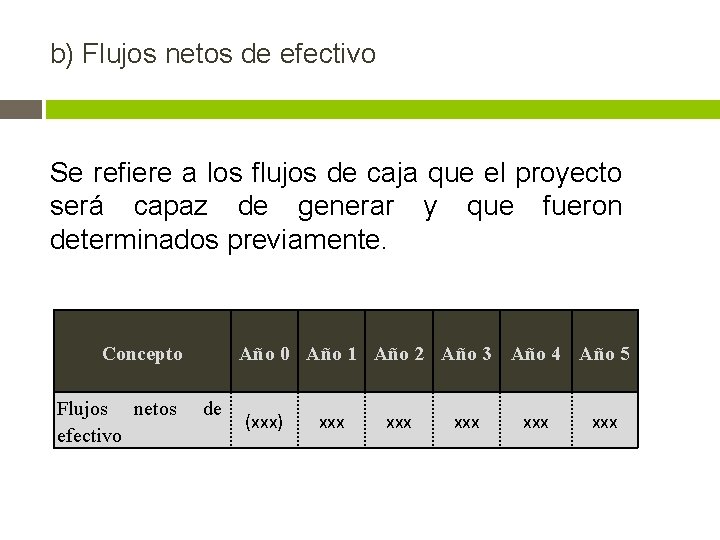 b) Flujos netos de efectivo Se refiere a los flujos de caja que el