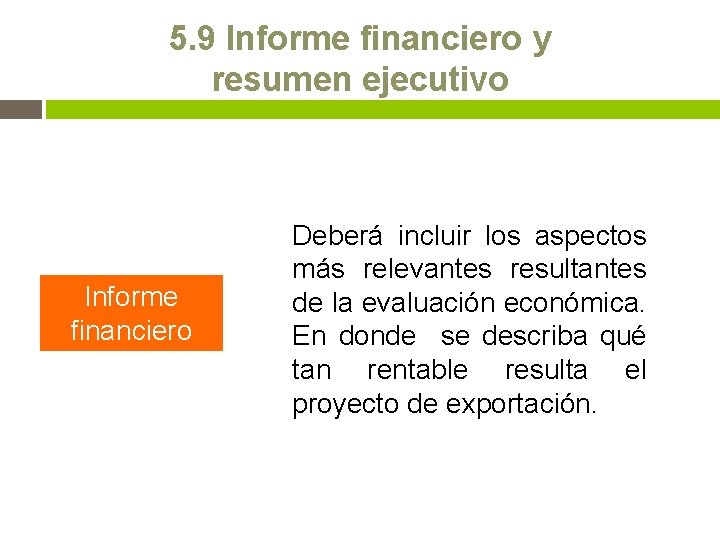 5. 9 Informe financiero y resumen ejecutivo Informe financiero Deberá incluir los aspectos más