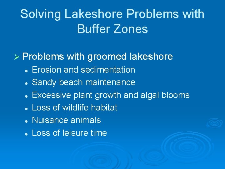 Solving Lakeshore Problems with Buffer Zones Ø Problems with groomed lakeshore l l l