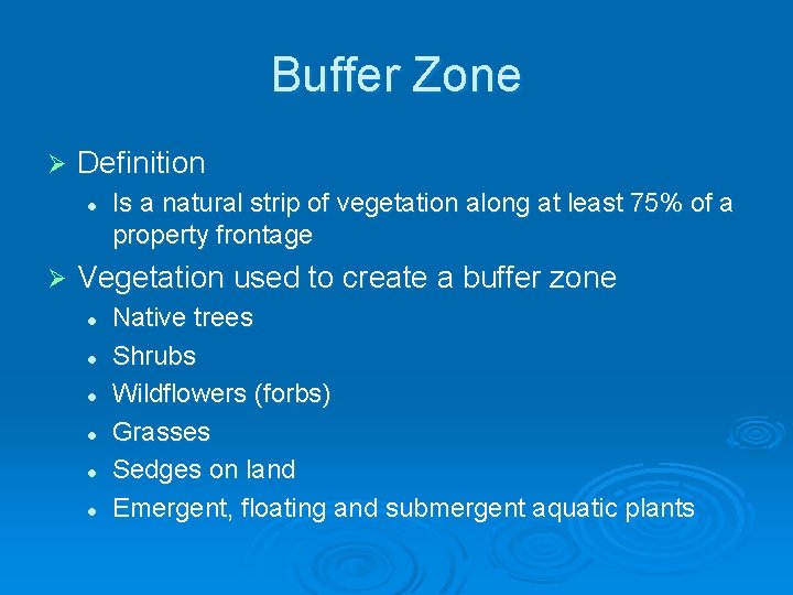 Buffer Zone Ø Definition l Ø Is a natural strip of vegetation along at