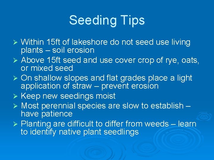Seeding Tips Within 15 ft of lakeshore do not seed use living plants –