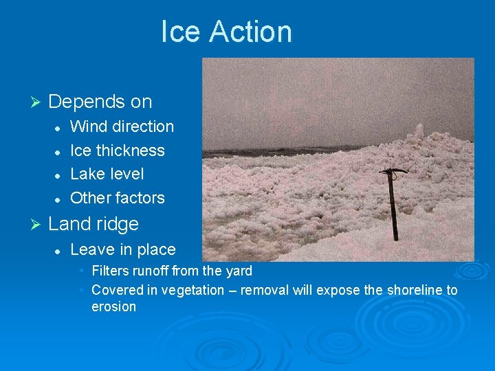 Ice Action Ø Depends on l l Ø Wind direction Ice thickness Lake level