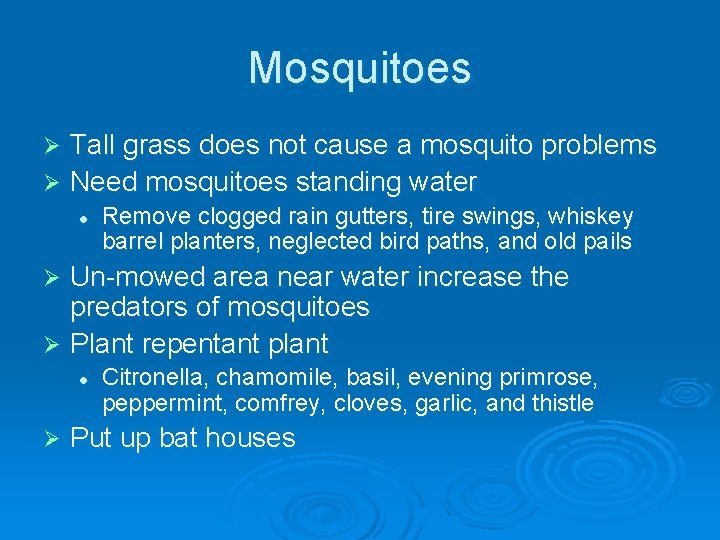 Mosquitoes Tall grass does not cause a mosquito problems Ø Need mosquitoes standing water