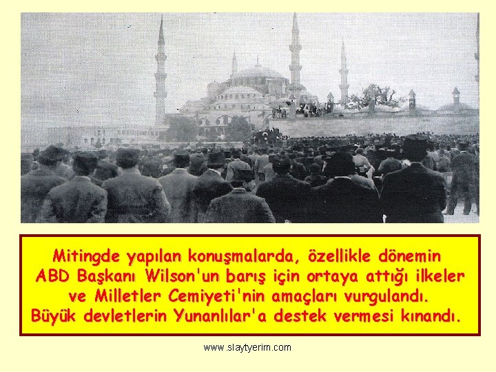 Mitingde yapılan konuşmalarda, özellikle dönemin ABD Başkanı Wilson'un barış için ortaya attığı ilkeler ve