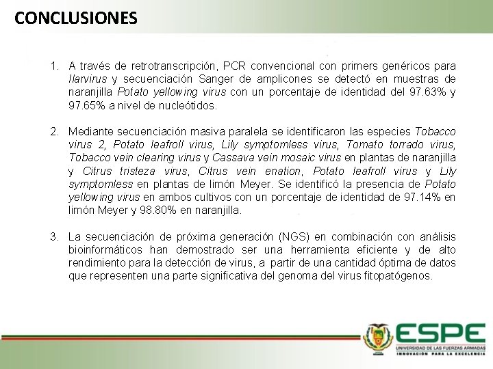 CONCLUSIONES 1. A través de retrotranscripción, PCR convencional con primers genéricos para Ilarvirus y