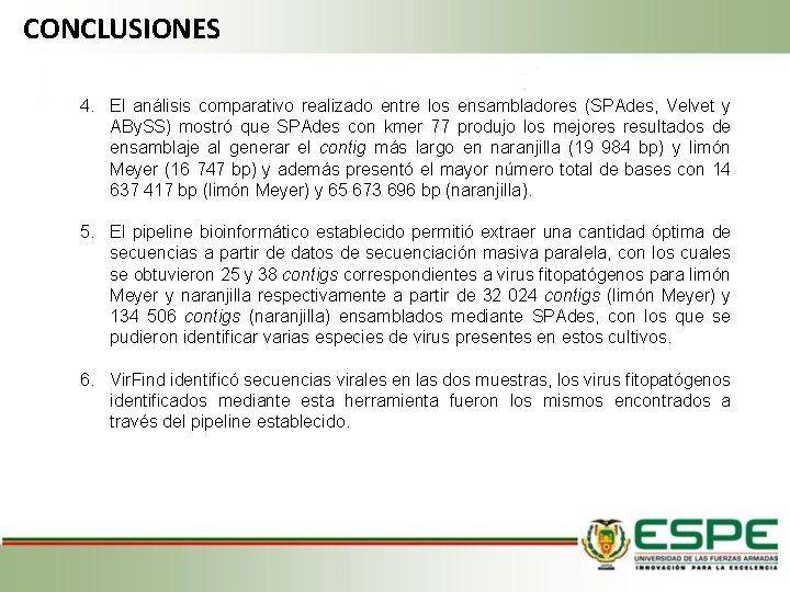 CONCLUSIONES 4. El análisis comparativo realizado entre los ensambladores (SPAdes, Velvet y ABy. SS)