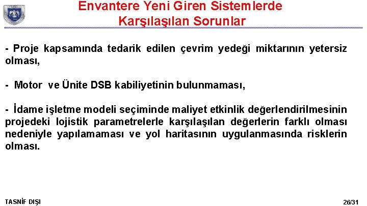 Envantere Yeni Giren Sistemlerde Karşılan Sorunlar - Proje kapsamında tedarik edilen çevrim yedeği miktarının