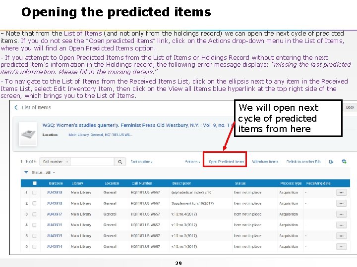 Opening the predicted items - Note that from the List of Items (and not