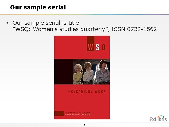 Our sample serial • Our sample serial is title “WSQ: Women's studies quarterly”, ISSN