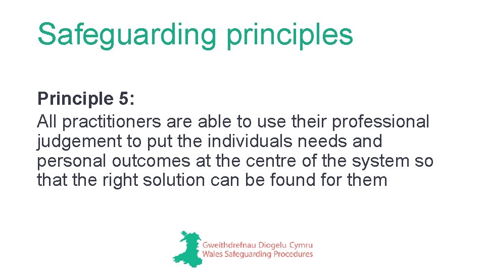 Safeguarding principles Principle 5: All practitioners are able to use their professional judgement to