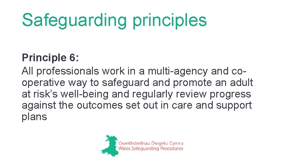 Safeguarding principles Principle 6: All professionals work in a multi-agency and cooperative way to