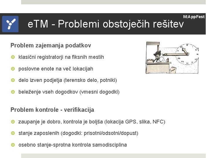 M: App. Fest e. TM - Problemi obstoječih rešitev Problem zajemanja podatkov klasični registratorji
