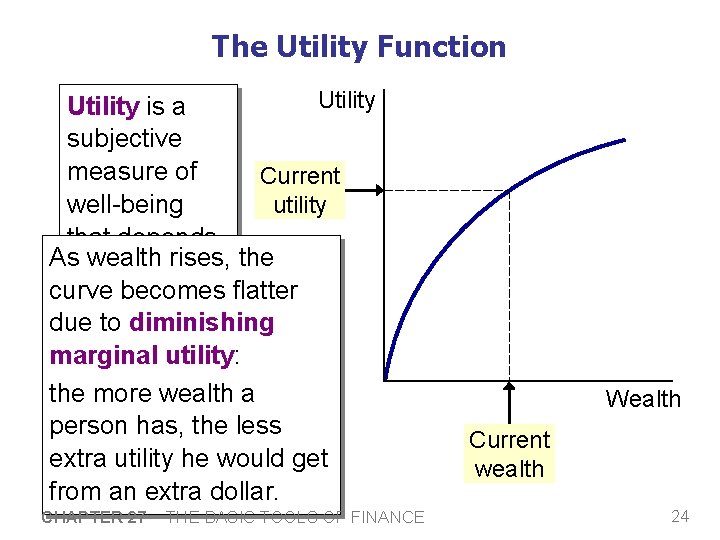 The Utility Function Utility is a subjective measure of Current well-being utility that depends