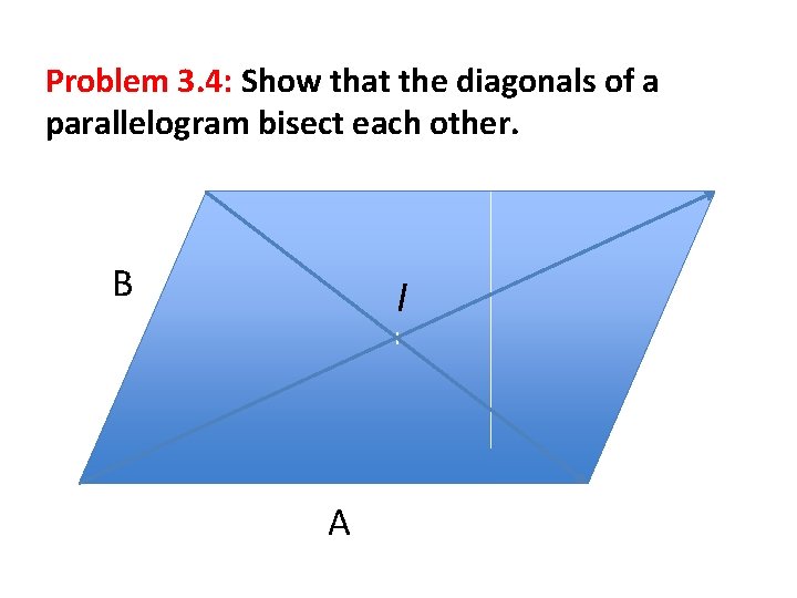 Problem 3. 4: Show that the diagonals of a parallelogram bisect each other. B