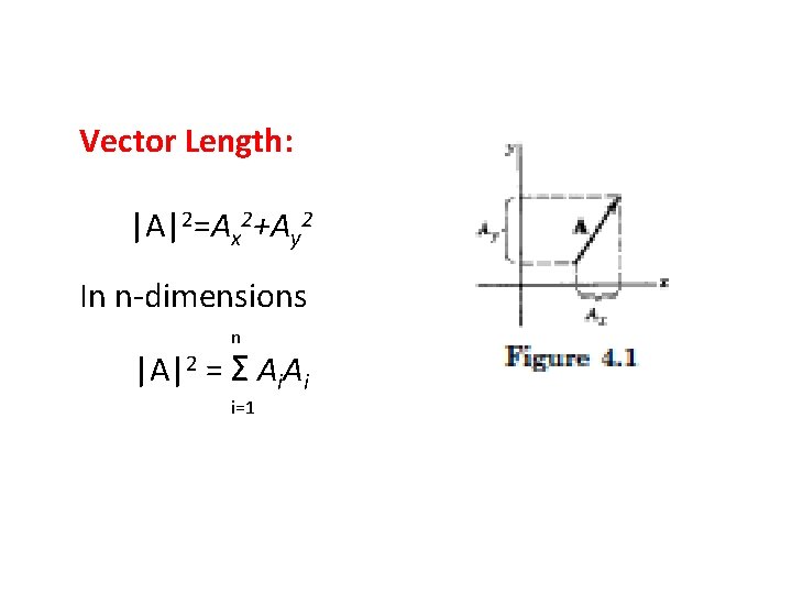 Vector Length: |A|2=Ax 2+Ay 2 In n-dimensions n |A|2 = Σ Ai. Ai i=1