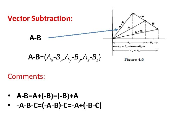 Vector Subtraction: A-B=(Ax-Bx, Ay-By, Az-Bz) Comments: • A-B=A+(-B)=(-B)+A • -A-B-C=(-A-B)-C=-A+(-B-C) 