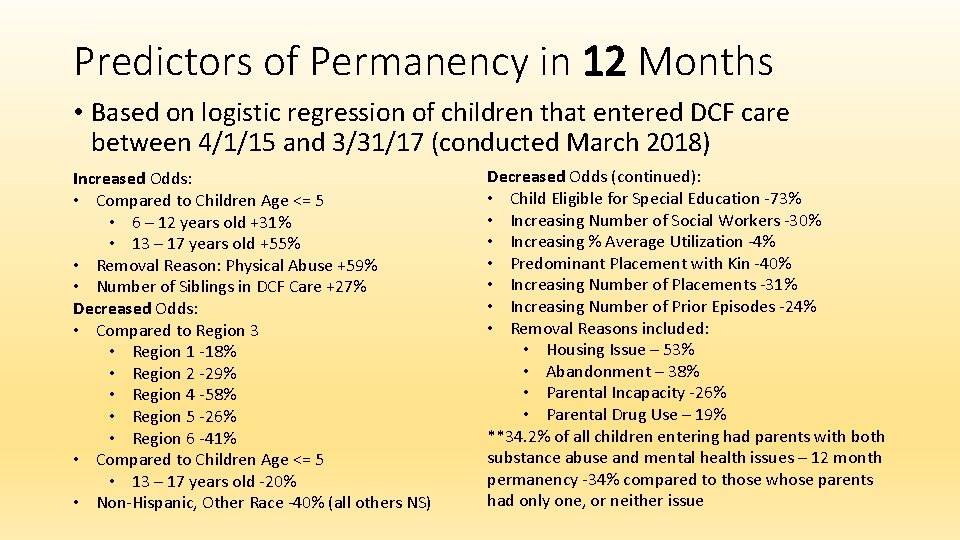 Predictors of Permanency in 12 Months • Based on logistic regression of children that