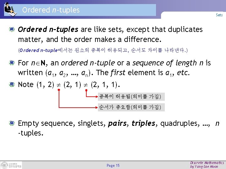Ordered n-tuples Sets Ordered n-tuples are like sets, except that duplicates matter, and the