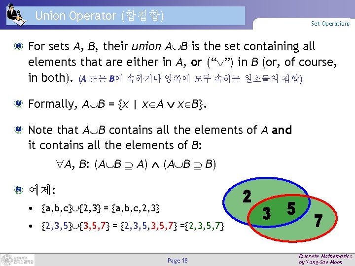 Union Operator (합집합) Set Operations For sets A, B, their union A B is