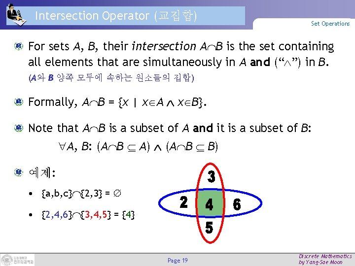 Intersection Operator (교집합) Set Operations For sets A, B, their intersection A B is