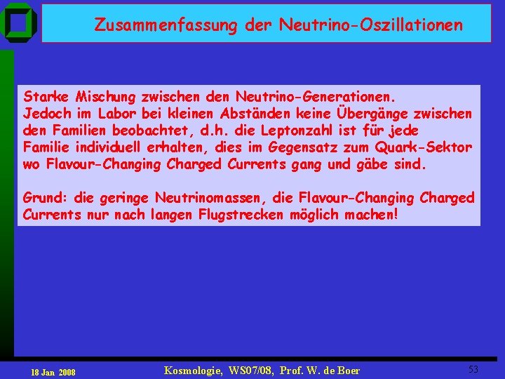 Zusammenfassung der Neutrino-Oszillationen Starke Mischung zwischen den Neutrino-Generationen. Jedoch im Labor bei kleinen Abständen