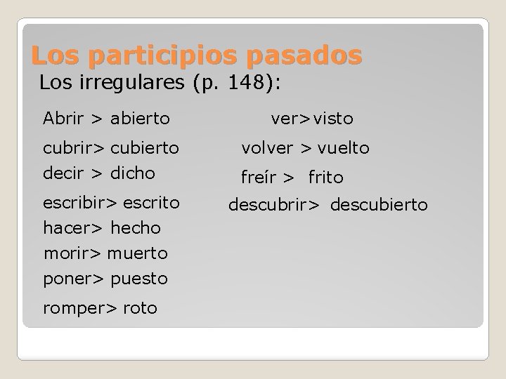 Los participios pasados Los irregulares (p. 148): Abrir > abierto cubrir> cubierto decir >