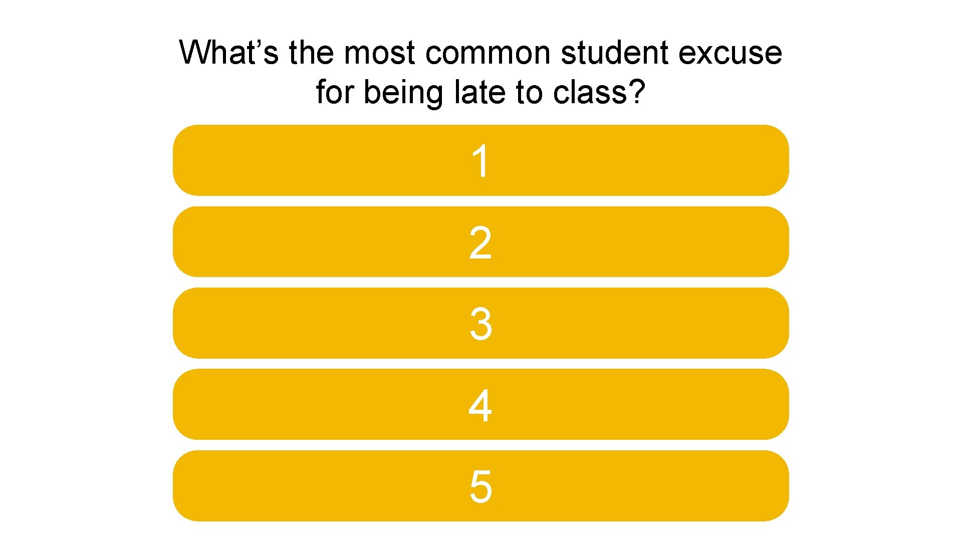 What’s the most common student excuse for being late to class? 1 2 3