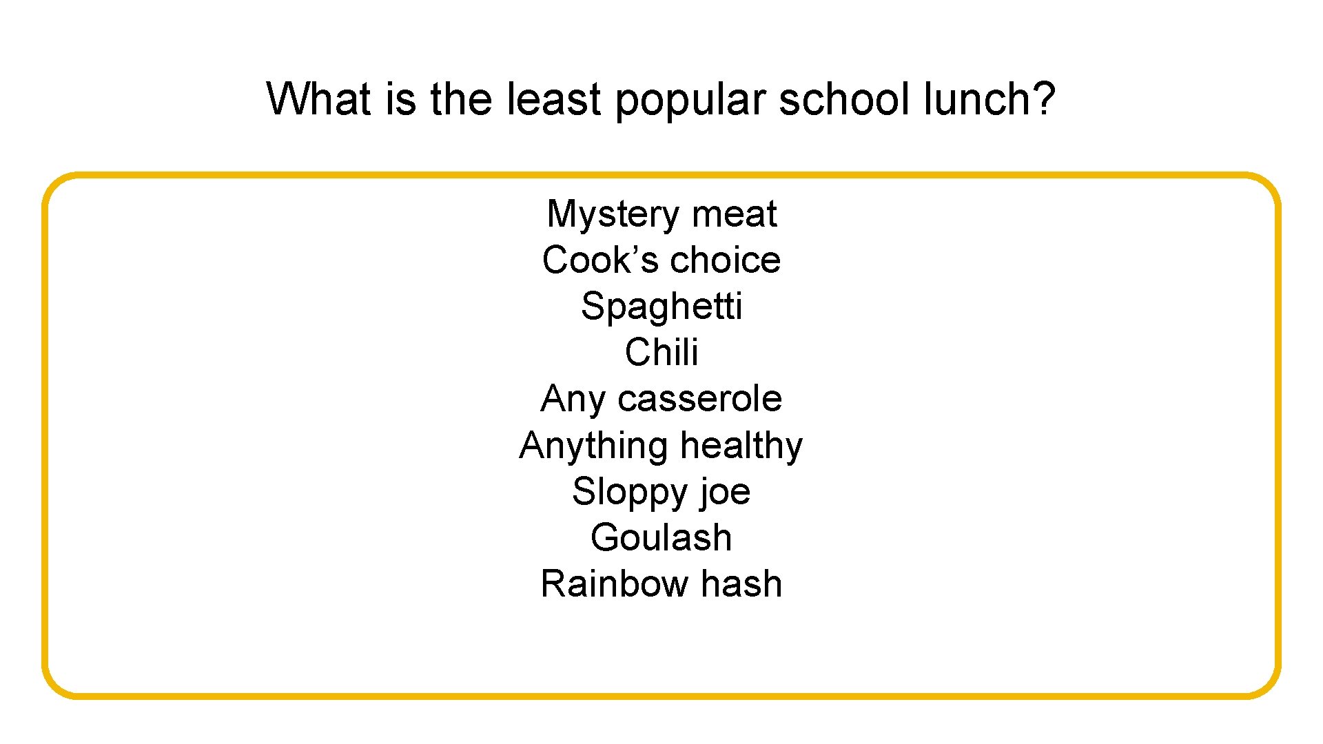 What is the least popular school lunch? Mystery meat Cook’s choice Spaghetti Chili Any