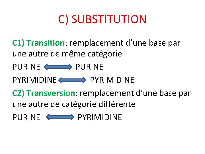 C) SUBSTITUTION C 1) Transition: remplacement d’une base par une autre de même catégorie