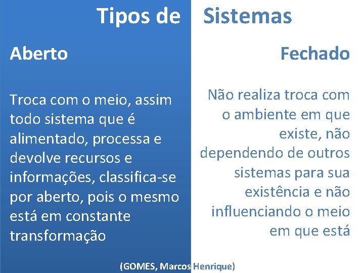 Tipos de Sistemas Aberto Fechado Troca com o meio, assim todo sistema que é