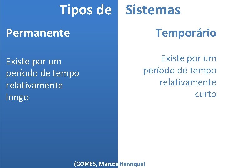 Tipos de Sistemas Temporário Permanente Existe por um período de tempo relativamente longo Existe