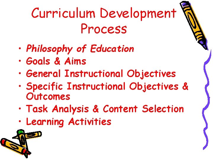 Curriculum Development Process • • Philosophy of Education Goals & Aims General Instructional Objectives