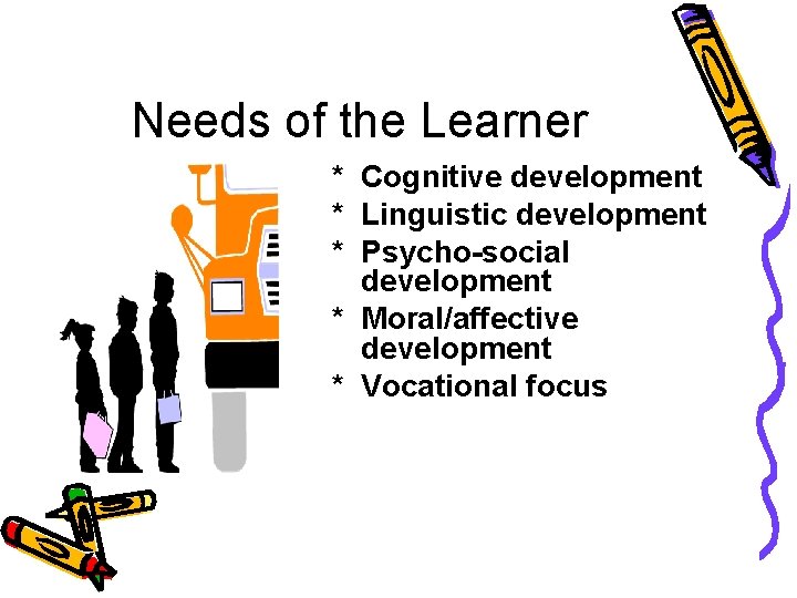 Needs of the Learner * Cognitive development * Linguistic development * Psycho-social development *
