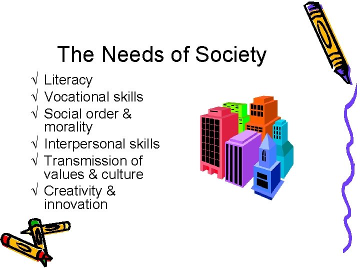 The Needs of Society Ö Literacy Ö Vocational skills Ö Social order & morality