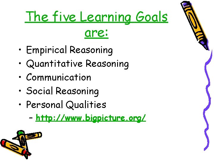 The five Learning Goals are: • • • Empirical Reasoning Quantitative Reasoning Communication Social
