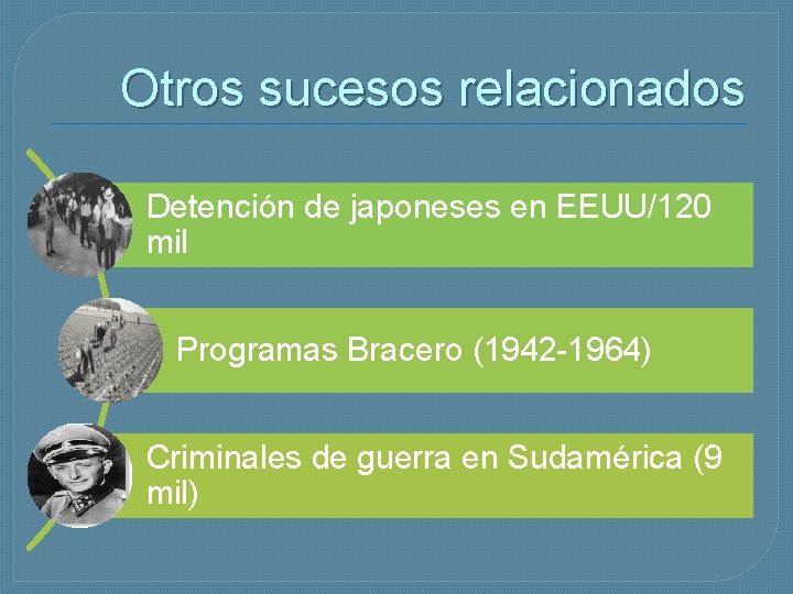 Otros sucesos relacionados Detención de japoneses en EEUU/120 mil Programas Bracero (1942 -1964) Criminales