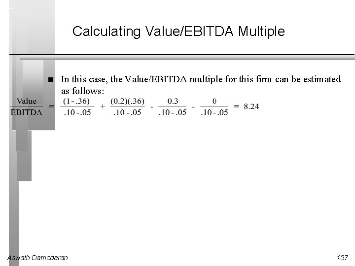 Calculating Value/EBITDA Multiple In this case, the Value/EBITDA multiple for this firm can be