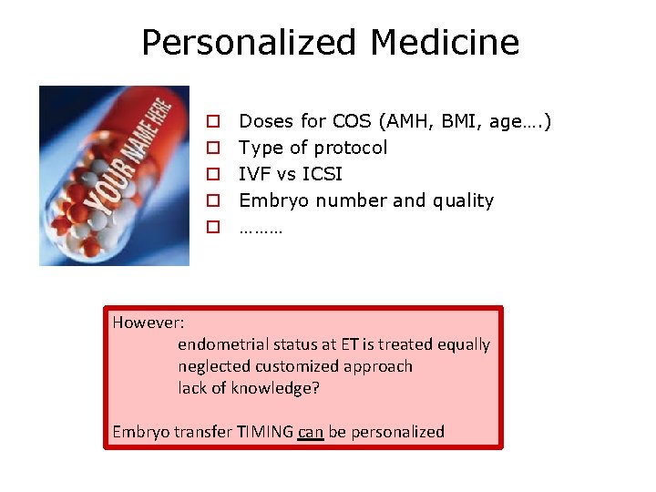 Personalized Medicine o o o Doses for COS (AMH, BMI, age…. ) Type of