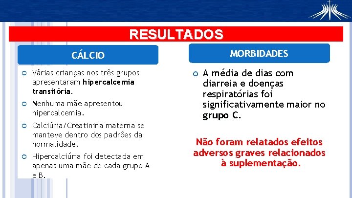 RESULTADOS MORBIDADES CÁLCIO Várias crianças nos três grupos apresentaram hipercalcemia transitória. Nenhuma mãe apresentou