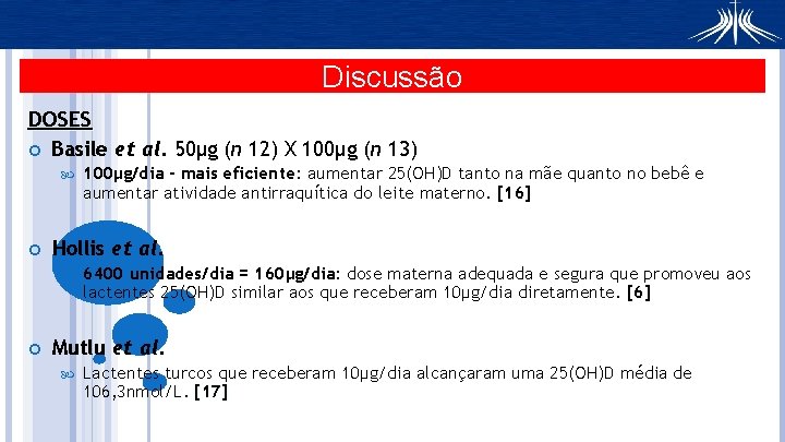 Discussão DOSES Basile et al. 50μg (n 12) X 100μg (n 13) Hollis et