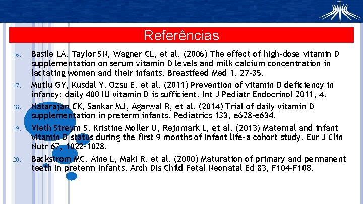 Referências 16. 17. 18. 19. 20. Basile LA, Taylor SN, Wagner CL, et al.