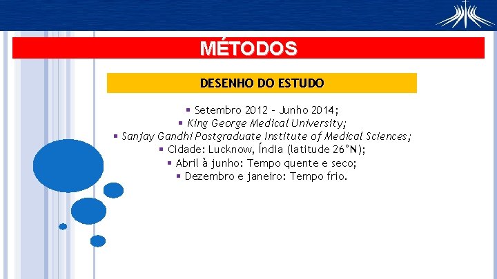 MÉTODOS DESENHO DO ESTUDO § Setembro 2012 – Junho 2014; § King George Medical