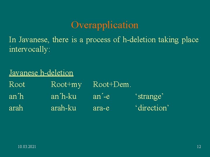 Overapplication In Javanese, there is a process of h-deletion taking place intervocally: Javanese h-deletion Overapplication In Javanese, there is a process of h-deletion taking place intervocally: Javanese h-deletion