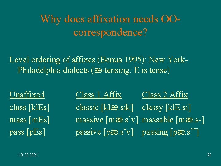 Why does affixation needs OOcorrespondence? Level ordering of affixes (Benua 1995): New York. Philadelphia Why does affixation needs OOcorrespondence? Level ordering of affixes (Benua 1995): New York. Philadelphia