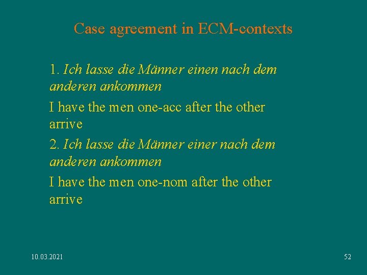 Case agreement in ECM-contexts 1. Ich lasse die Männer einen nach dem anderen ankommen Case agreement in ECM-contexts 1. Ich lasse die Männer einen nach dem anderen ankommen
