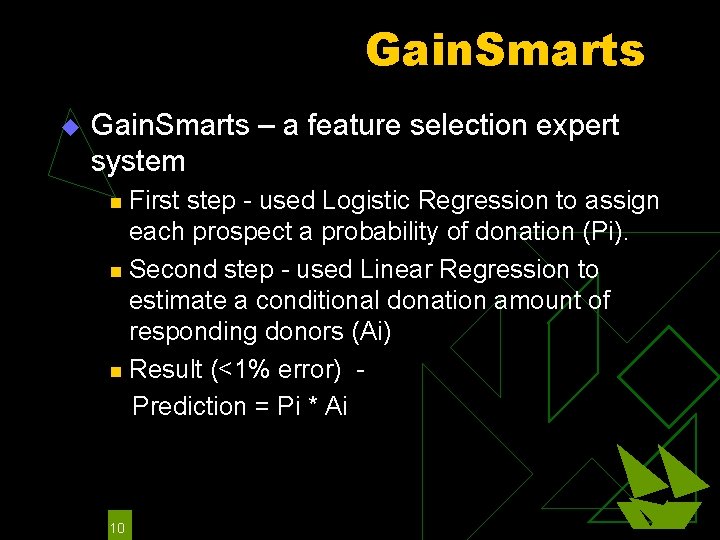 Gain. Smarts u Gain. Smarts – a feature selection expert system First step -
